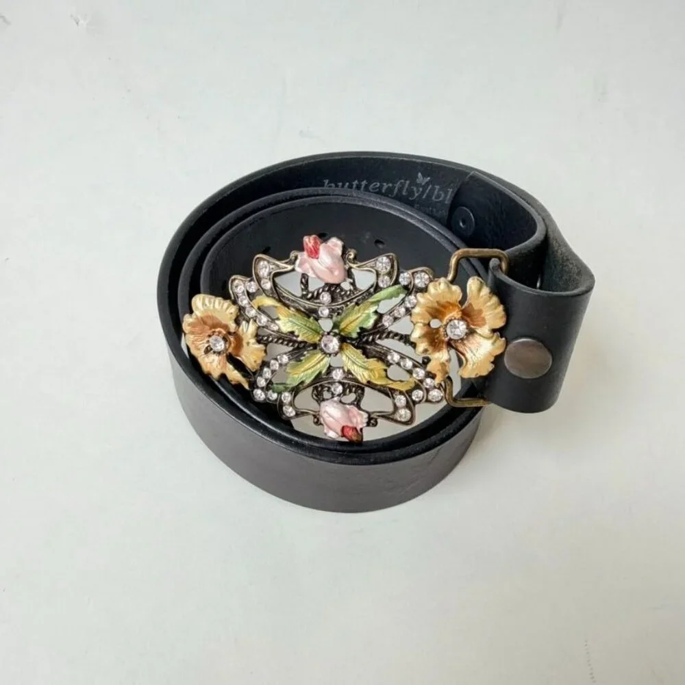 Vintage Style Floral Butterfly Rhinestone Leather Belt - Black/Gold